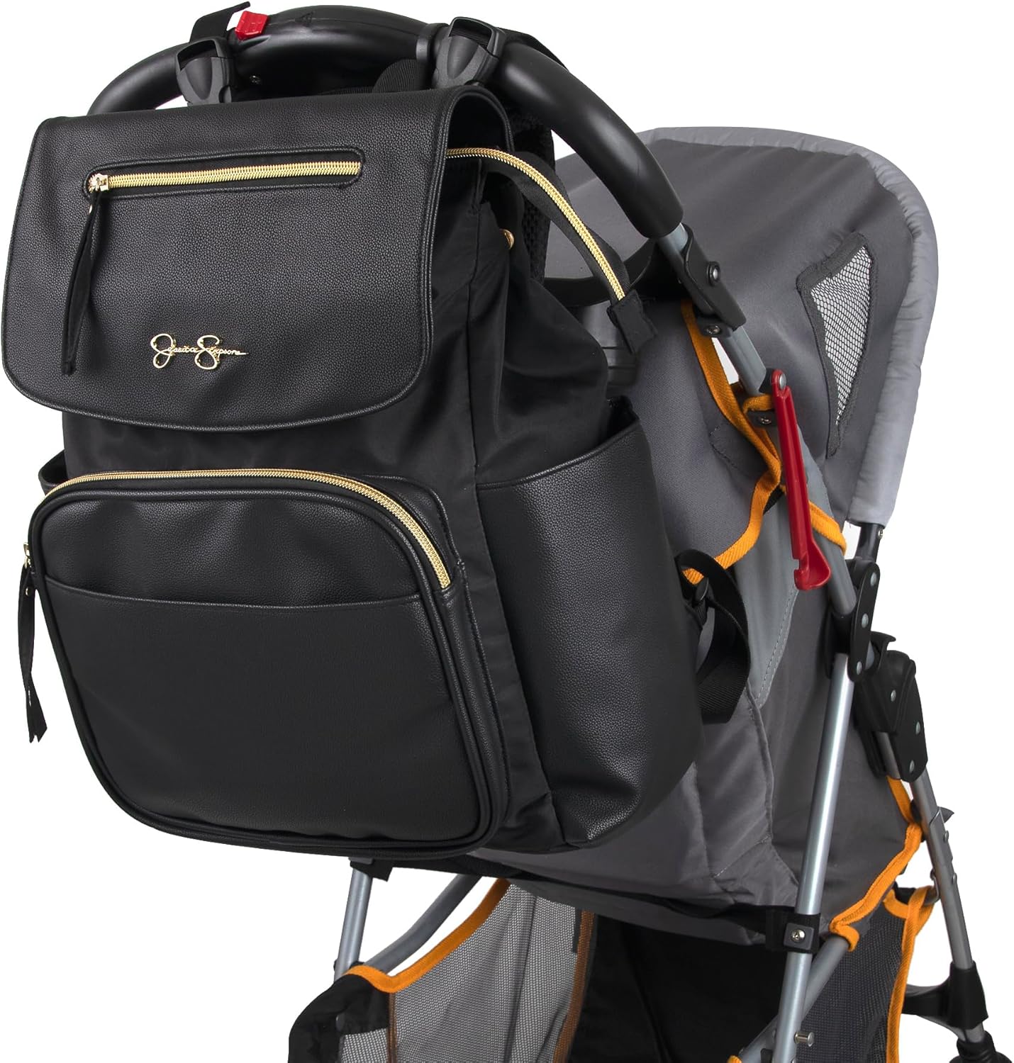 Jessica Simpson Black Vegan Leather Diaper Bag Backpack with Baby Changing Mat Pad, Stroller Strap Clips, 2 Pc. Set