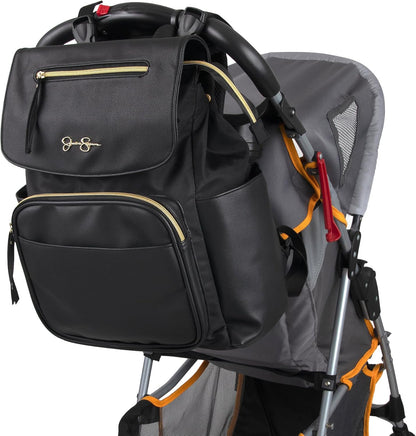 Jessica Simpson Black Vegan Leather Diaper Bag Backpack with Baby Changing Mat Pad, Stroller Strap Clips, 2 Pc. Set