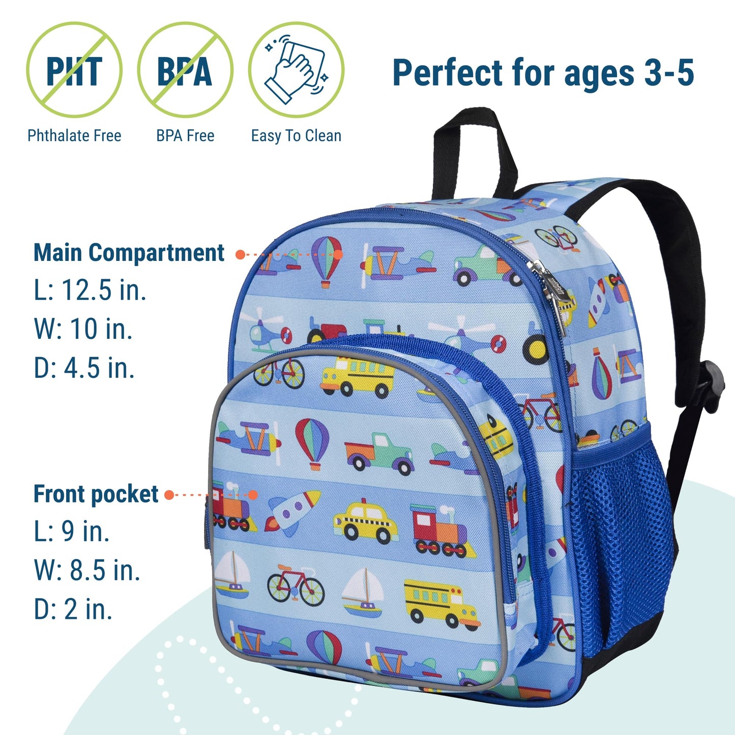 Wildkin 12-inch Kids Backpack – Padded, Adjustable, Ideal for Daycare & Travel - Trains, Planes, and Trucks