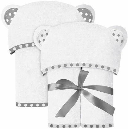 Set of 2 Hooded Baby Towels – White and Grey – Luxurious, Large and Super Absorbent – 30 x 30 Inch – Soft and Suitable for Infants, Toddlers and Kids – 400 GSM