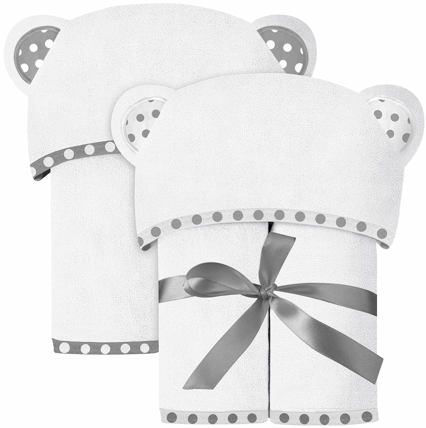 Set of 2 Hooded Baby Towels – White and Grey – Luxurious, Large and Super Absorbent – 30 x 30 Inch – Soft and Suitable for Infants, Toddlers and Kids – 400 GSM