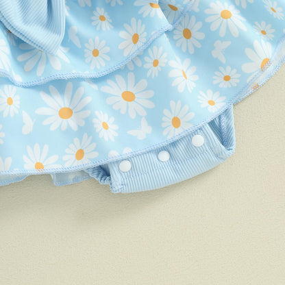 Baby Girls Daisy Romper Bowknot Bodysuit+Headband Short Sleeve Playsuits Floral Jumpsuit Infant Summer Clothes