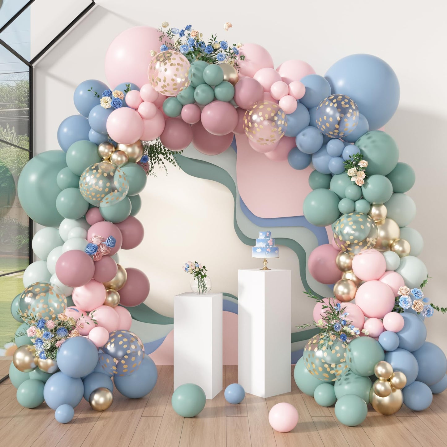 Amandir 173Pcs Pink Blue Green Balloon Arch Garland Kit, Dusty Baby Pink Mauve Pastel Mist Haze Green Blue Gold Confetti Balloons for Baby Shower Gender Reveal Wildflower Birthday Party Decorations