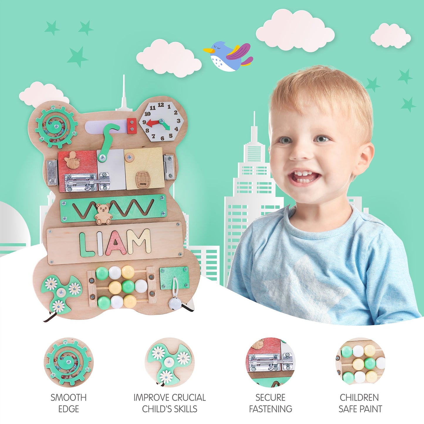 Nabytok Customized Name Puzzle for Toddlers (Fixed I J Letters) Personalized Toddlers Busy Board, Baby Personalized Board for 1-5 Years Old, First Birthday Gift, Montessori Toys (Pastel Girl)