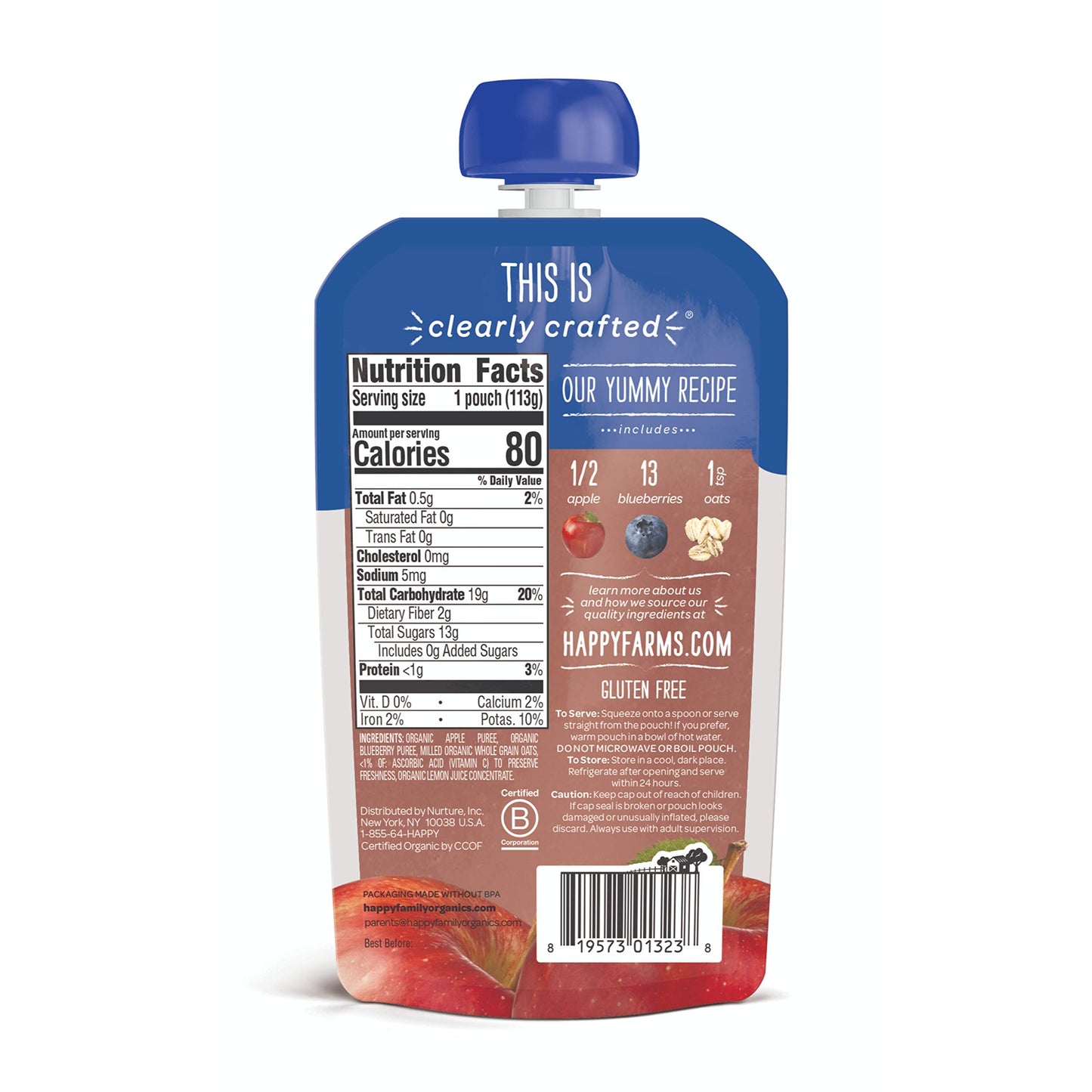 Happy Baby Organic Baby Food, Apples, Blueberries & Oats, 4 Oz