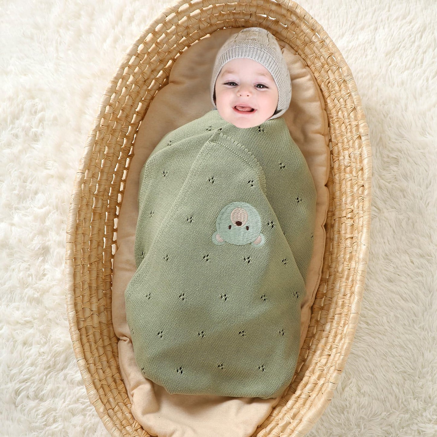 mimixiong Organic Cotton Baby Blanket Neutral Knitted Soft Crib Nursery Swaddling Receiving Blankets for Newborn Baby Boy Girl 40x30 Inch (Oatmeal)