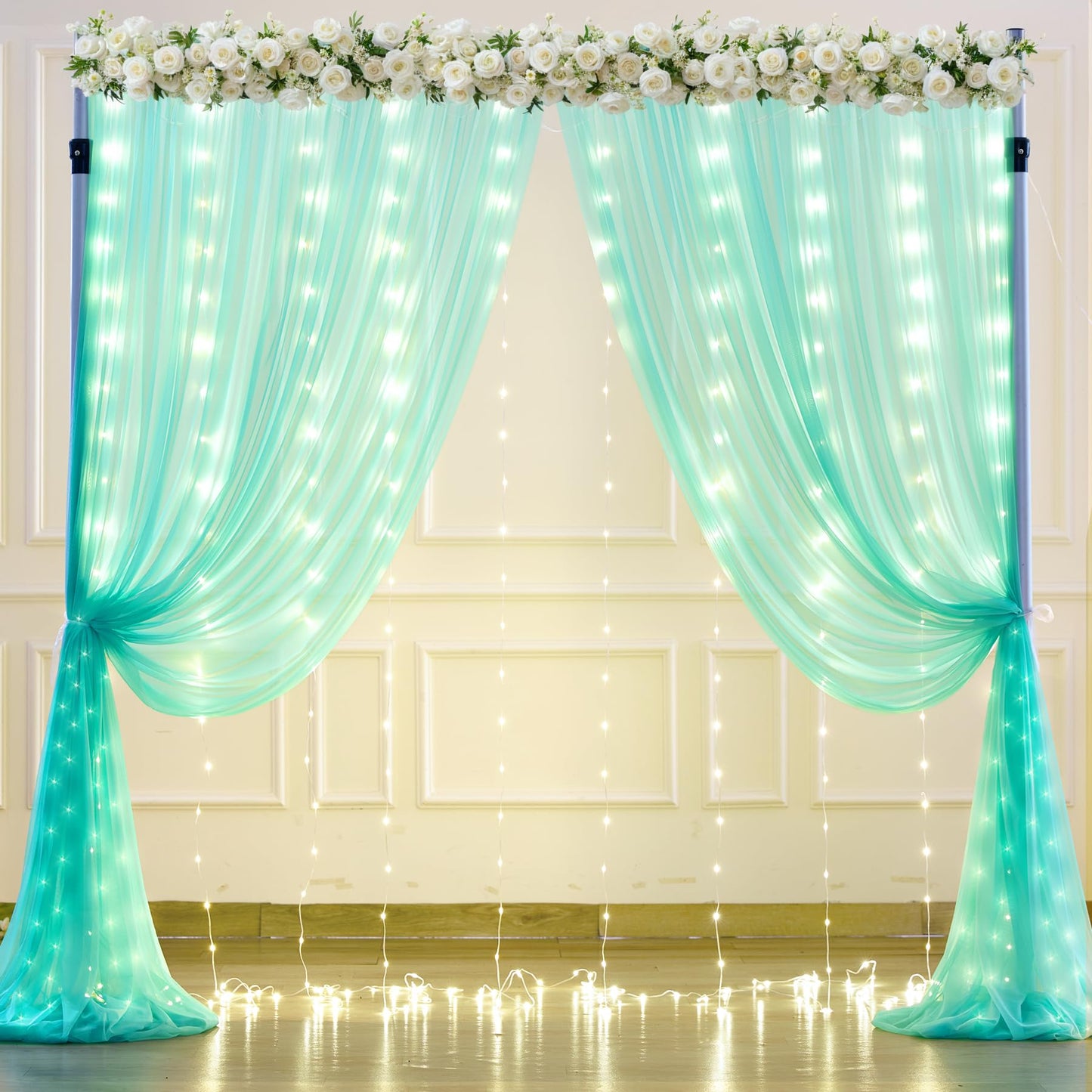 White Tulle Backdrop Curtain with Lights String for Parites 10×8ft Sheer Backdrop Curtains White Curtain Backdrop for Wedding Baby Shower Birthday Party Photo Shoot Decorations(2 Panels 10ft×8ft)