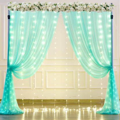 White Tulle Backdrop Curtain with Lights String for Parites 10×8ft Sheer Backdrop Curtains White Curtain Backdrop for Wedding Baby Shower Birthday Party Photo Shoot Decorations(2 Panels 10ft×8ft)