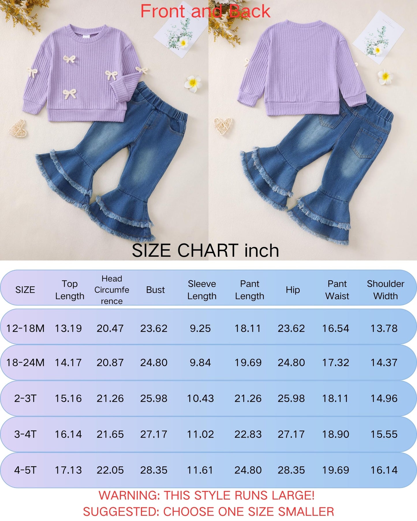 Renotemy Toddler Baby Girl Clothes Fall Winter Outfit, Bow Sweatshirt Denim Bell Bottom Jeans Outfits for 1-5 Year Girls