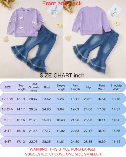 Renotemy Toddler Baby Girl Clothes Fall Winter Outfit, Bow Sweatshirt Denim Bell Bottom Jeans Outfits for 1-5 Year Girls