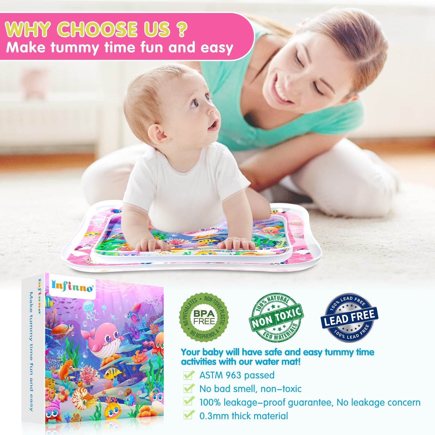Infinno Inflatable Tummy Time Mat Premium Baby Water Play Mat for Infants and Toddlers Baby Toys for 3 to 24 Months, Strengthen Your Baby's Muscles, Portable