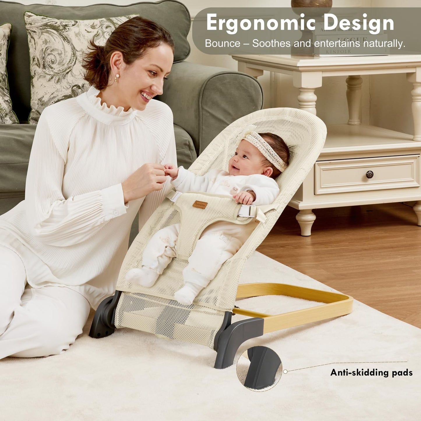 Foldable Baby Bouncer, Baby Seat with 3 Adjustable Heights, Portable Newborn Rocker, Ergonomic Bouncy Seat for Natural Bounce, Bouncer for Babies 0-6 Months, Soft Cotton (Beige)