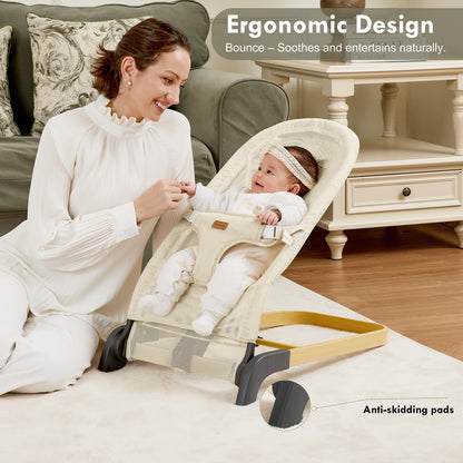 Foldable Baby Bouncer, Baby Seat with 3 Adjustable Heights, Portable Newborn Rocker, Ergonomic Bouncy Seat for Natural Bounce, Bouncer for Babies 0-6 Months, Soft Cotton (Beige)