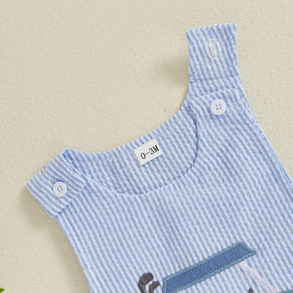 Baby Boy Summer Clothes Sleeveless Embroidery Dinosaur Striped Retro Romper Jumpsuit Smocked Shortall