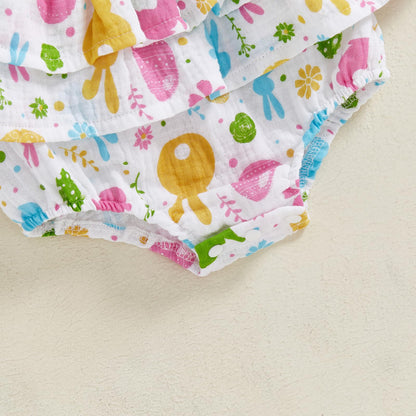 Baby Girls Flutter Sleeve Ruffles Layered Romper Dress Cute Patterns Printed Holiday Outfit with Headband