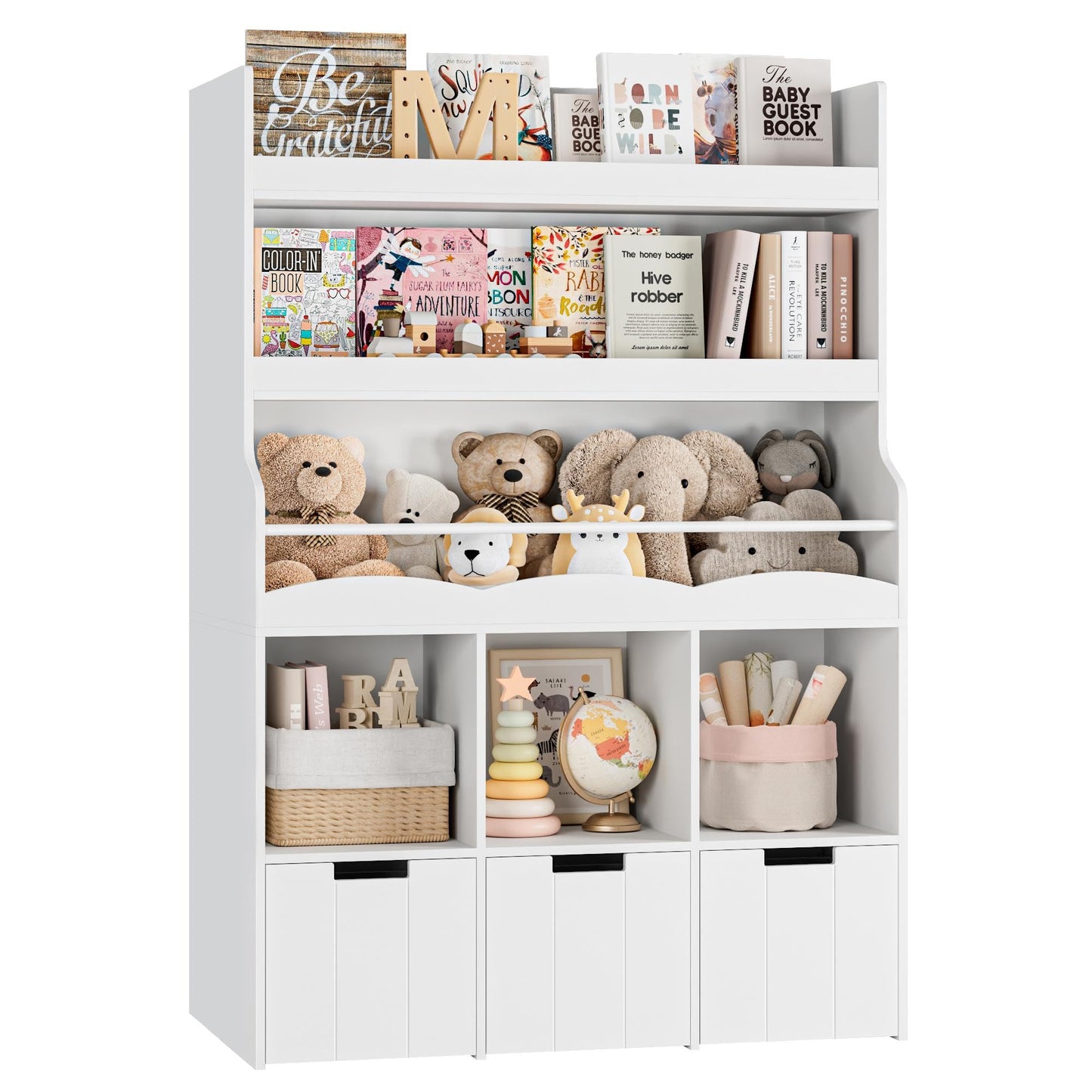 HITHOS 55.3" H Kids Bookshelf with Toy Storage Organizer, Tall Book Shelf with 3 Movable Toy Storage Bins, Large Kids Bookcase with Toy Chest, 39.2" W Modern Toy Box for Kids Room, Playroom, White
