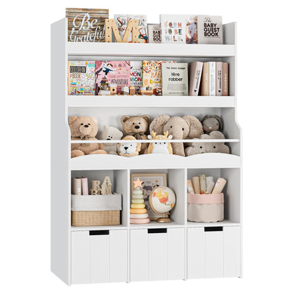 HITHOS 55.3" H Kids Bookshelf with Toy Storage Organizer, Tall Book Shelf with 3 Movable Toy Storage Bins, Large Kids Bookcase with Toy Chest, 39.2" W Modern Toy Box for Kids Room, Playroom, White