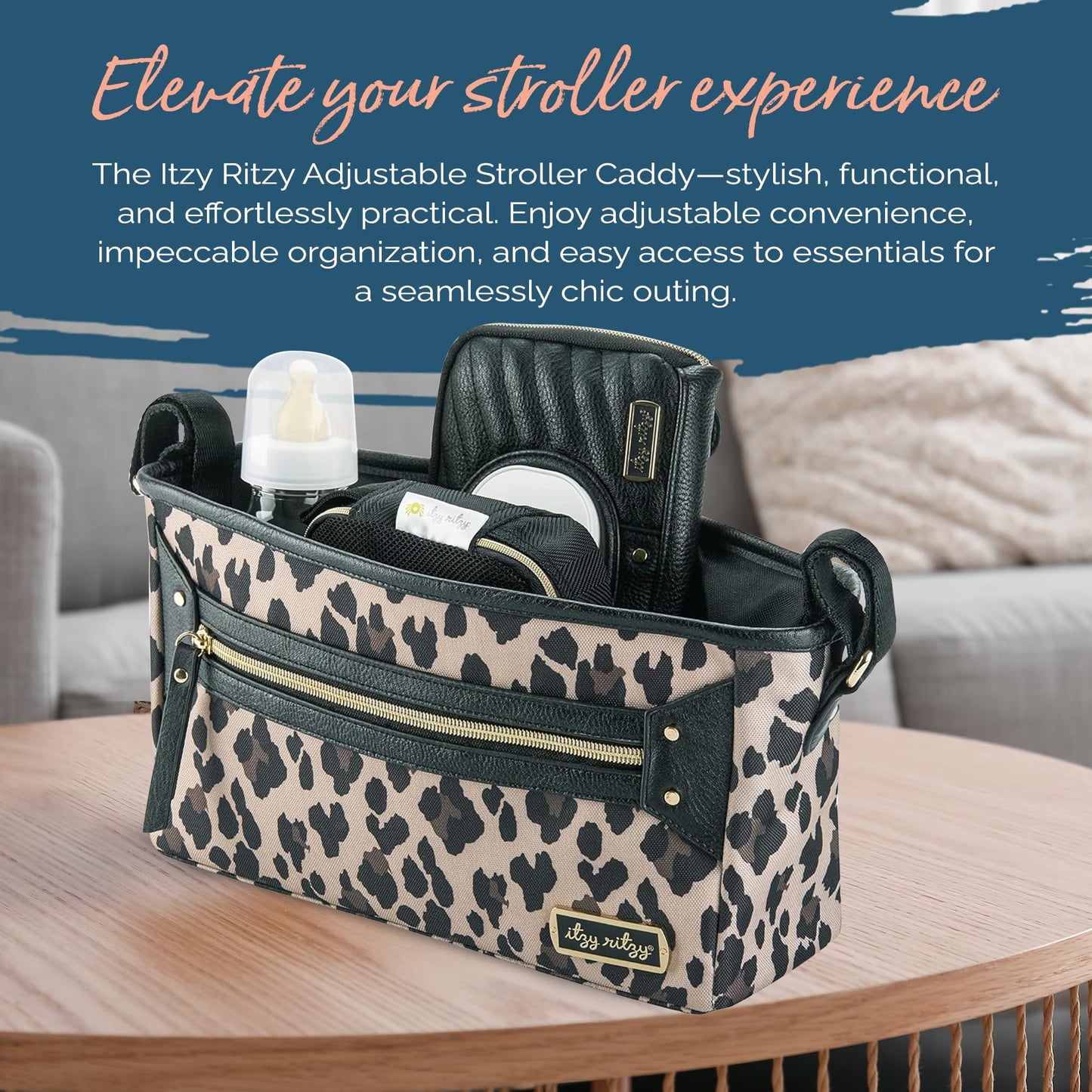 Itzy Ritzy Adjustable Stroller Caddy and Organizer Bag Featuring Front Zippered Pocket, 2 Built-in Interior Pockets & Adjustable Straps to Fit Nearly Any Stroller (Chai)