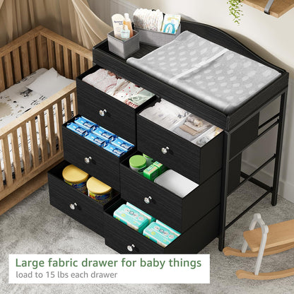 BOLUO Changing Table Dresser with 6 Fabric Drawers, Baby Dresser with Changing Table Top Diaper Changing Station with Storage for Nursery Modern
