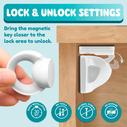 Booboo® Magnetic Child Safety Cupboard Locks for Children x10 Locks + x1 Key, Baby Proofing for Kitchen, Cabinets and Drawers, 30 Second Install No Drilling 3M Adhesive (10 Pack)