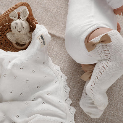 mimixiong Cotton Baby Blanket Knitted Crochet Receiving Crib Nursery Swaddling Blankets for Newborn Baby Boy Girl Off White 30x40 Inch