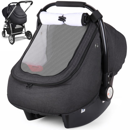 Rquite Car Seat Cover Baby, Carseat Covers Boy Girl, 2 Layers Window -Breathable Mesh & Wind/Sun Shade, Infant Car Seat Canopy Baby Carrier/Stroller Cover, Fit Spring, Fall, Winter, Cold Weather