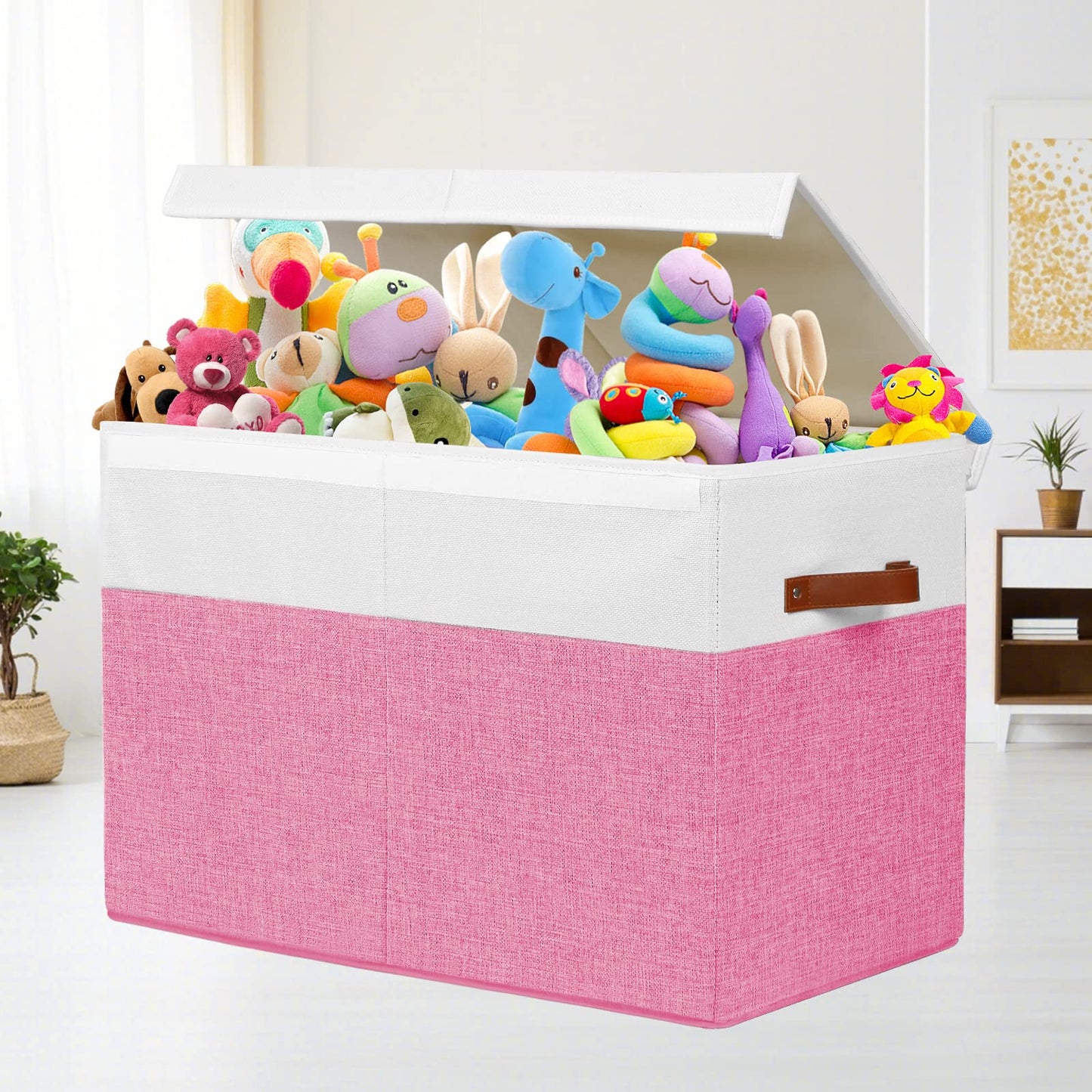 Large Toy Storage Box with Lid, Sturdy Toys Storage Chest Bin Organizer Basket with Dividers for Kids, Boys, Girls, Nursery, Closet, Bedroom, Playroom 25"x13" x16" (Beige and White)