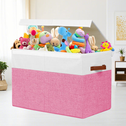 Large Toy Storage Box with Lid, Sturdy Toys Storage Chest Bin Organizer Basket with Dividers for Kids, Boys, Girls, Nursery, Closet, Bedroom, Playroom 25"x13" x16" (Beige and White)