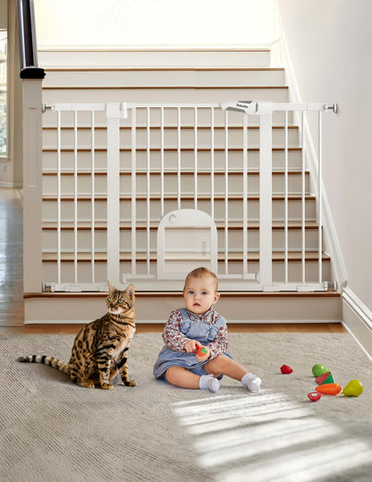 Babelio Upgraded Baby Gate with Cat Door, 29-43" Auto Close Durable Dog Gate for Stairs, Doorways and House, Easy Walk Thru Safety Gate with Pet Door Includes 4 Wall Cups, Black