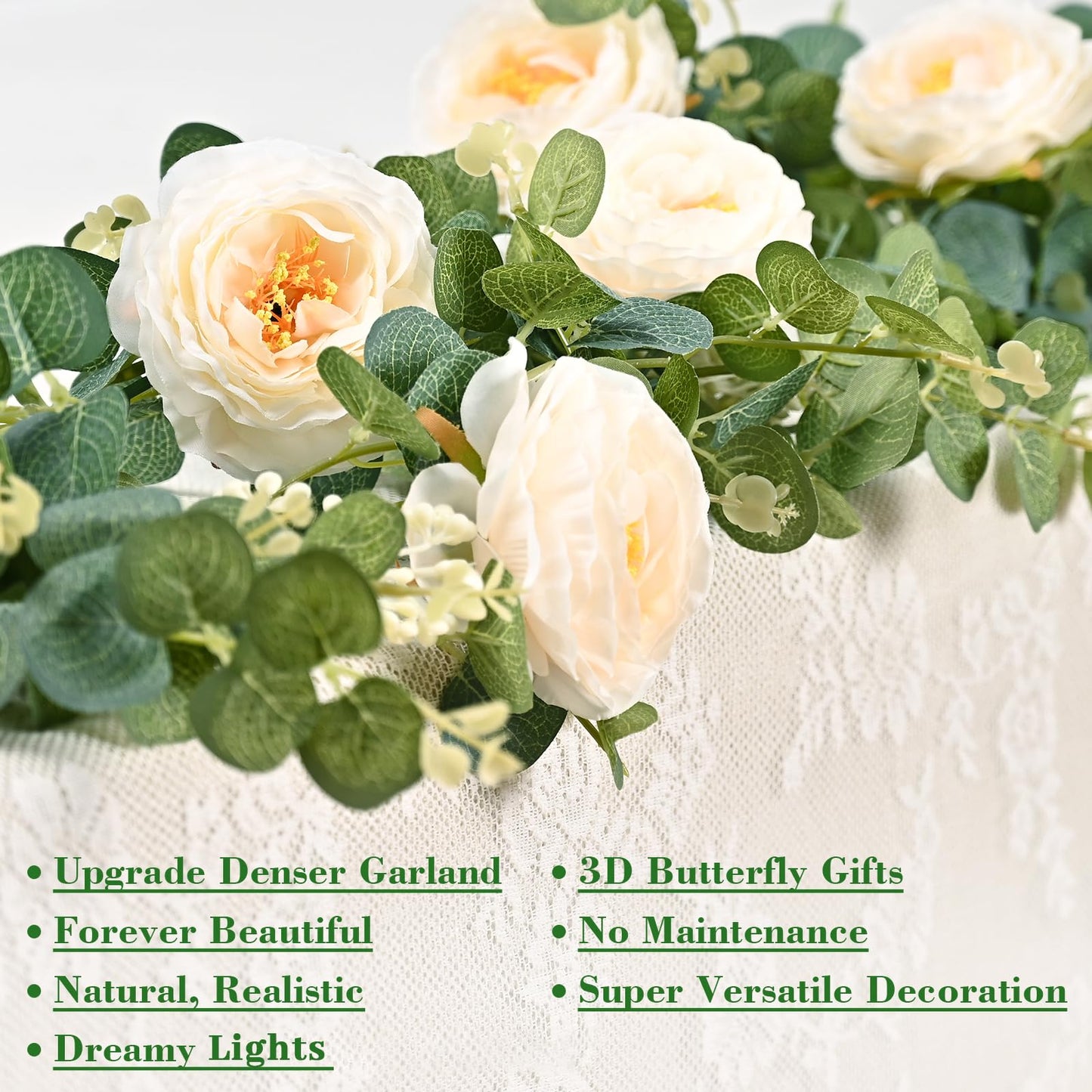 Yastouay 6.4 Ft Fuller Artificial Eucalyptus Garland with Champagne Flowers Fake Rose Vine for Table Centerpiece Wedding Baby Shower Party Room Backdrop Decor