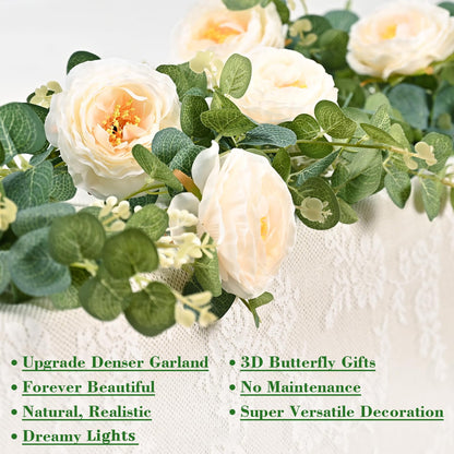 Yastouay 6.4 Ft Fuller Artificial Eucalyptus Garland with Champagne Flowers Fake Rose Vine for Table Centerpiece Wedding Baby Shower Party Room Backdrop Decor