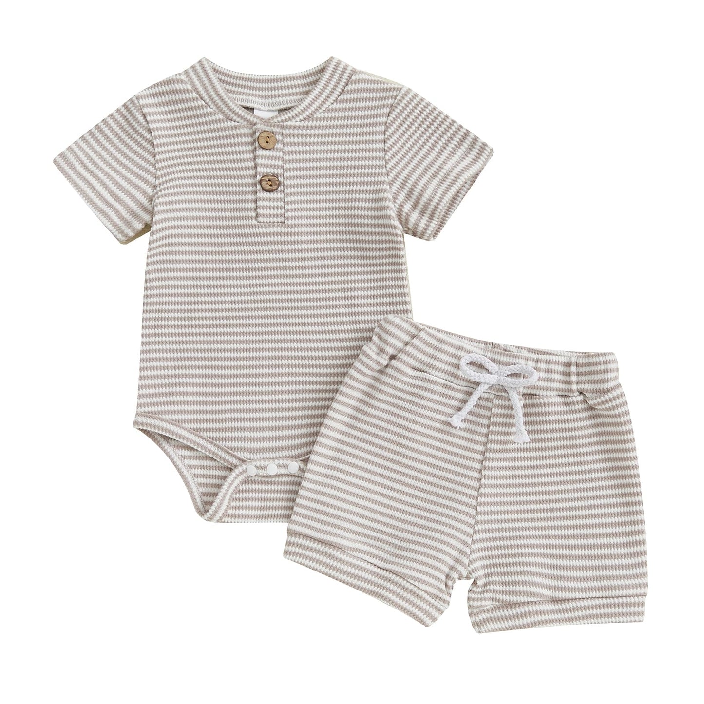 Kuriozud Newborn Baby Boy Summer Clothes Button Short Sleeve Romper Bodysuit Shorts Set Toddler Soft Waffle Outfit