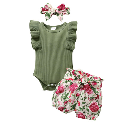 Tiny Cutey Baby Girl Clothes Infant Summer Outfits Set Ruffle Sleeve Romper and Floral Shorts with Headband