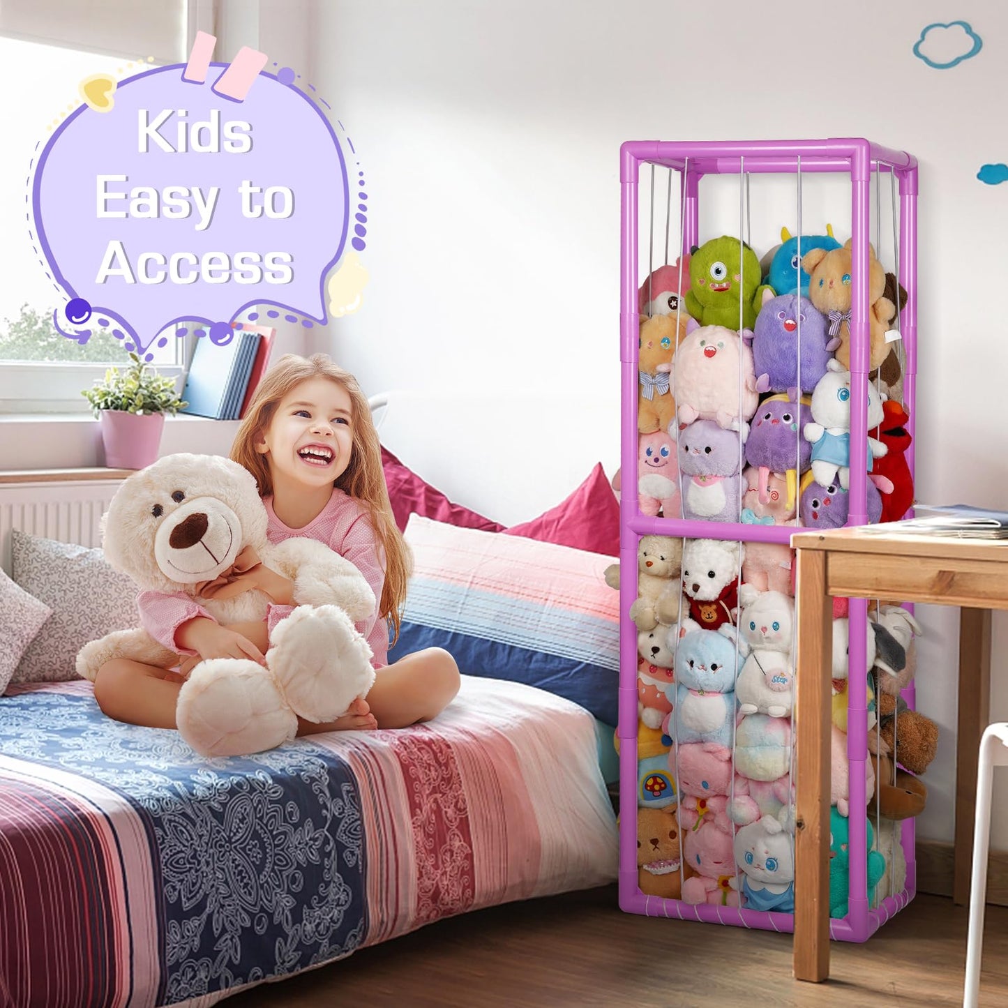 Trycooling Stuffed Animal Storage Zoo Stuffed Animal Holder Space Save Vertical Stuffed Animals Storage PVC with Elastic Band and Net for Playroom Bedroom Nursery (White 1)