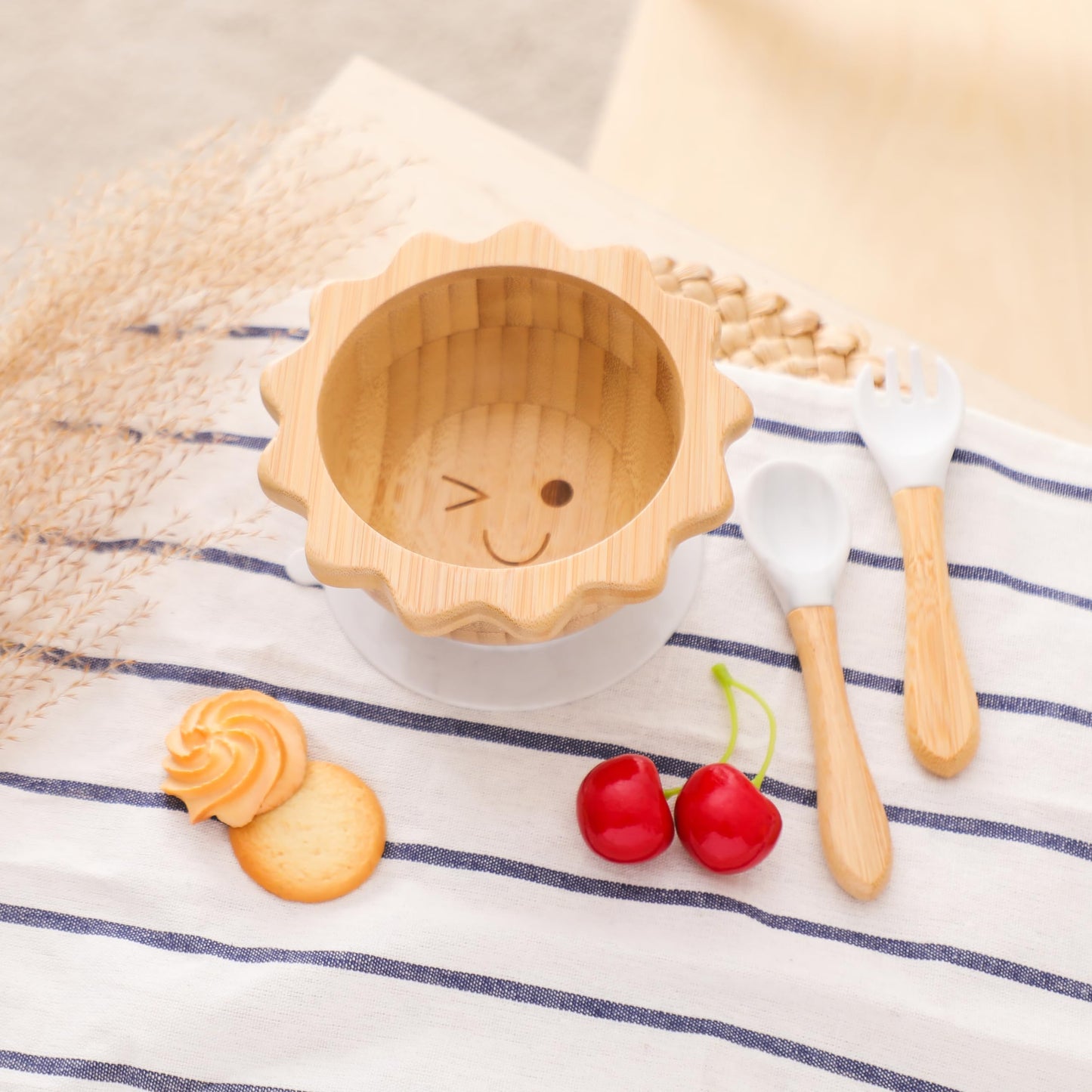 Bamboo Suction Plates Bowls Set for Baby Toddler Divided Platter Food bowl with Silicone Fork & Spoon All-Natural Baby Feeding Set for Baby-Led Weaning, Non-Slip Design