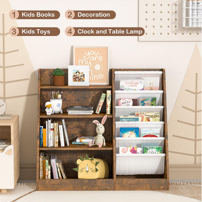 White Kids Bookshelf Wood Toy Storage Organizer Cabinet Children Bookcase Toddler Baby Sling Book Rack 3 Cube Bins Fabric Drawers for Playroom Bedroom Nursery School