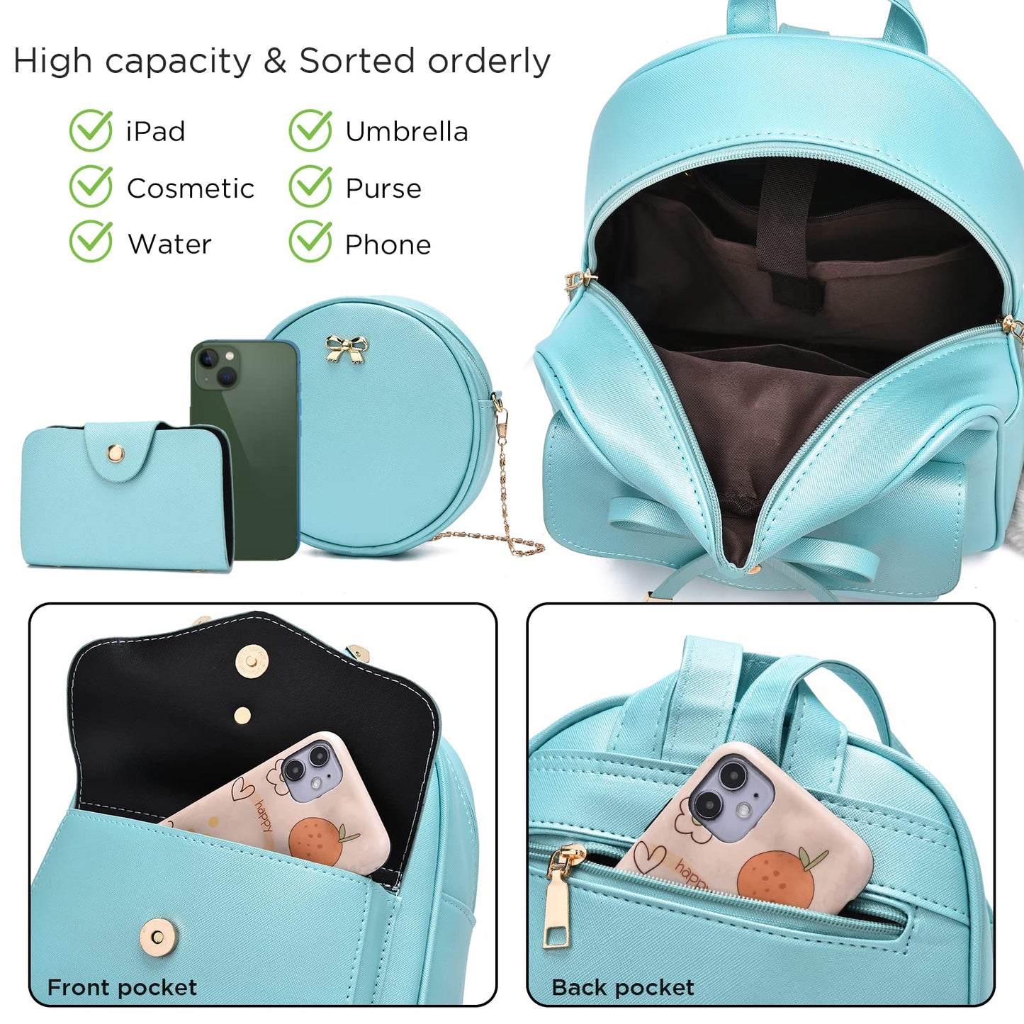 I IHAYNER Girls Bowknot 3-Pieces Fahsion Leather Backpack Backpack Purse for Women Rucksack for Ladies Shoulder Bag