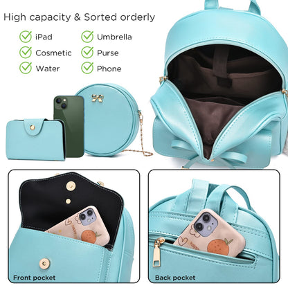 I IHAYNER Girls Bowknot 3-Pieces Fahsion Leather Backpack Backpack Purse for Women Rucksack for Ladies Shoulder Bag