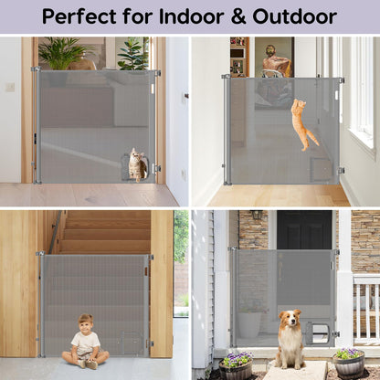 48 Inch Extra Tall Pet Gate Retractable Baby Gate with Cat Door - No Jumping Over, 55" Wide Retractable Dog Gate Indoor 4ft Extra Tall Cat Gate for Doorway Outdoor Deck Gate, White