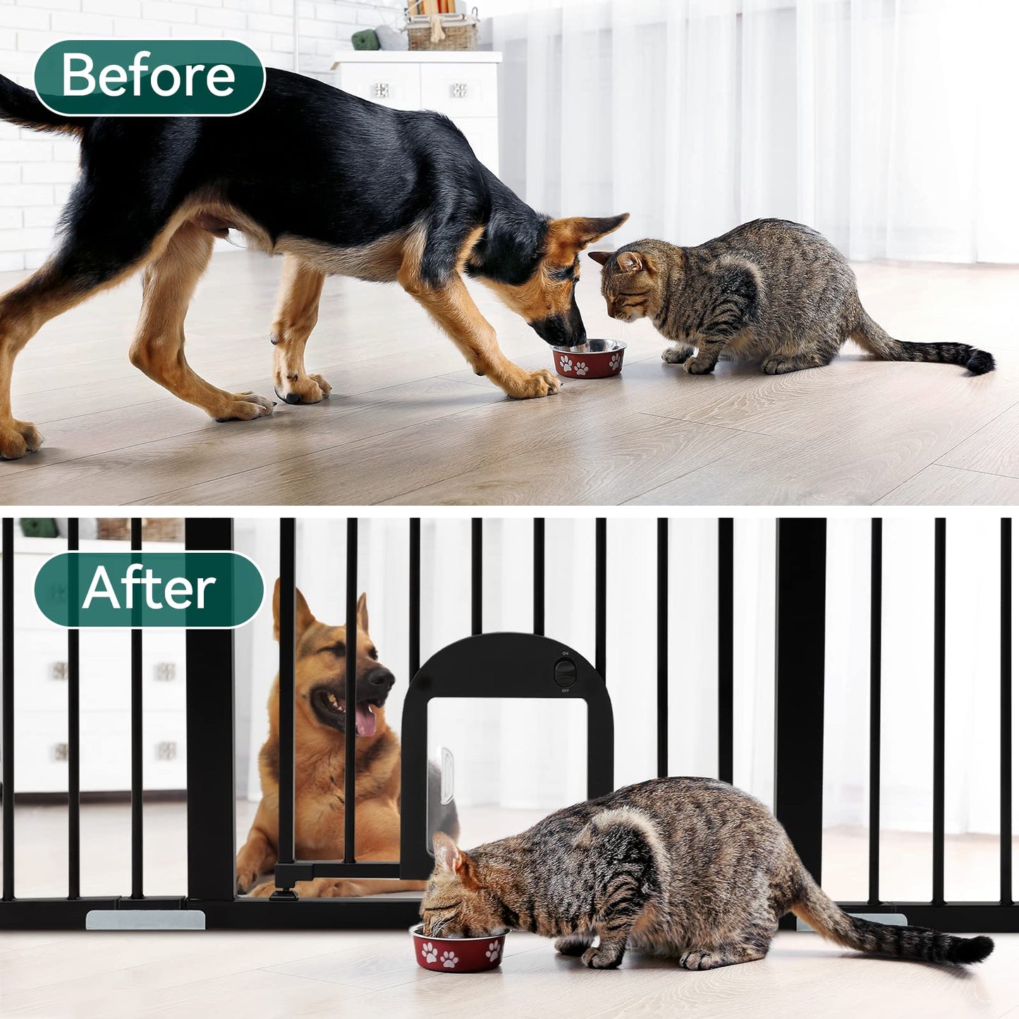 Babelio Upgraded Baby Gate with Cat Door, 29-43" Auto Close Durable Dog Gate for Stairs, Doorways and House, Easy Walk Thru Safety Gate with Pet Door Includes 4 Wall Cups, Black