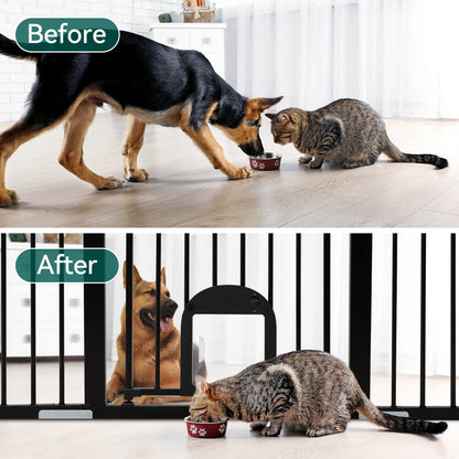 Babelio Upgraded Baby Gate with Cat Door, 29-43" Auto Close Durable Dog Gate for Stairs, Doorways and House, Easy Walk Thru Safety Gate with Pet Door Includes 4 Wall Cups, Black