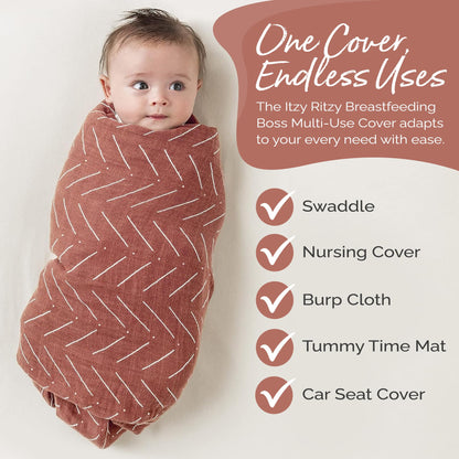 Itzy Ritzy Breastfeeding Boss Multi-Use Cover – A Nursing Cover, Swaddle, Car Seat Cover, Tummy Time Mat & Burp Cloth All in One – Made of Soft Muslin Fabric & Measures 47” x 47” (Taupe Stripe)