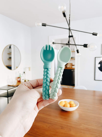 Itzy Ritzy Silicone Spoon & Fork Set; Baby Utensils Featuring a Baby Fork and Spoon with Looped, Braided Handles - Made of 100% Food Grade Silicone & BPA-Free - Ages 6 Months and Up (Pink)