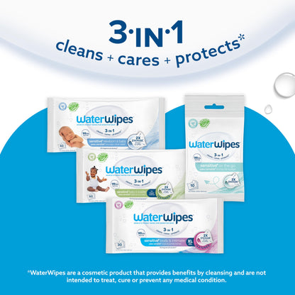 WaterWipes Original Baby Wipes, 99.9% Water, 3-In-1 Cleans, Cares, Protects, Unscented & Hypoallergenic, 720 Count (12 Packs), Packaging May Vary