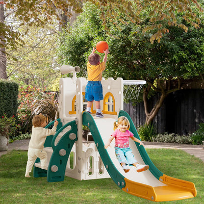 6 in 1 Toddler Slide for Toddler Age 1-3,Kids Climber Slider for Indoor Outdoor Playground with Basketball Hoop,Storage and Telescope,L Shaped Slide for Toddler Climber Playset