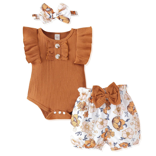 Newborn Baby Girl Clothes Outfits Ruffle Romper and Short Pant Sets with Headband Infant Bodysuits
