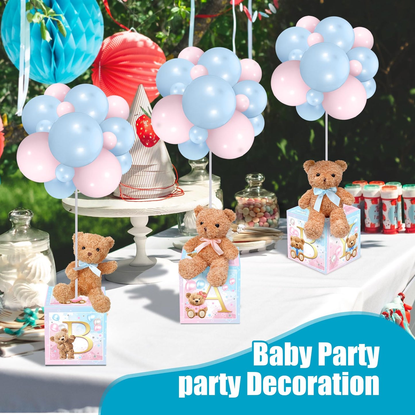 Lenwen 6 Sets Pink Bear Decorations for Baby Shower, Baby Letter Boxes Baby Shower Table Centerpieces Bear Stuffed Animals Balloon with Stand Bear Plush Toy Baby Boxes for Birthday Party Wedding