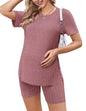Ekouaer Maternity Sets 2 Piece Outfits Ribbed Knit Short Sleeve Shirts and Biker Shorts Pregnancy Loungewear Mama Clothes