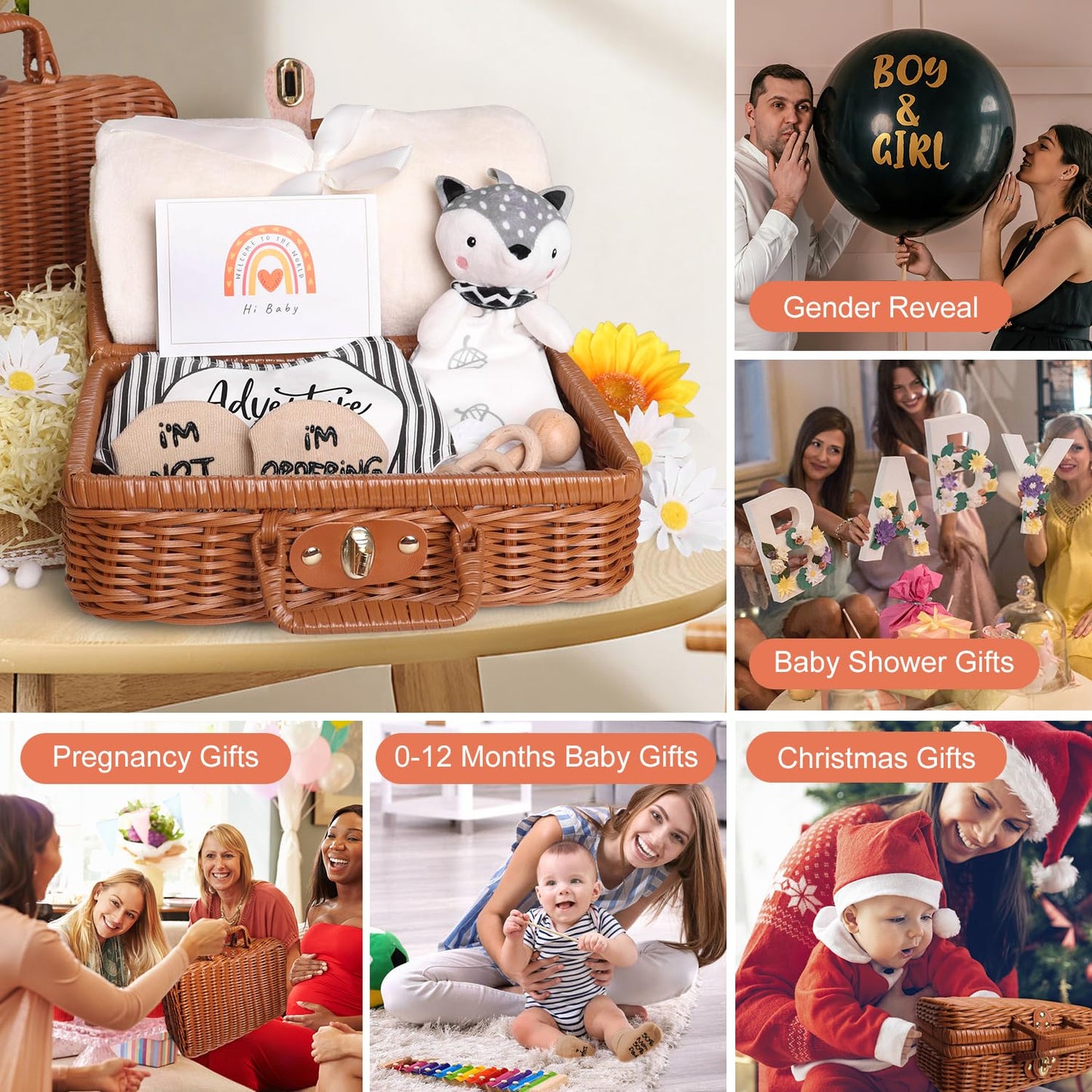 Baby Shower Gifts, Baby Gifts for Girls Boys, Unique Baby Gifts Basket Essentials Stuffs - Baby Lovey Blanket Newborn Bibs Socks Wooden Rattle & Greeting Card, Newborn Baby Gift Set