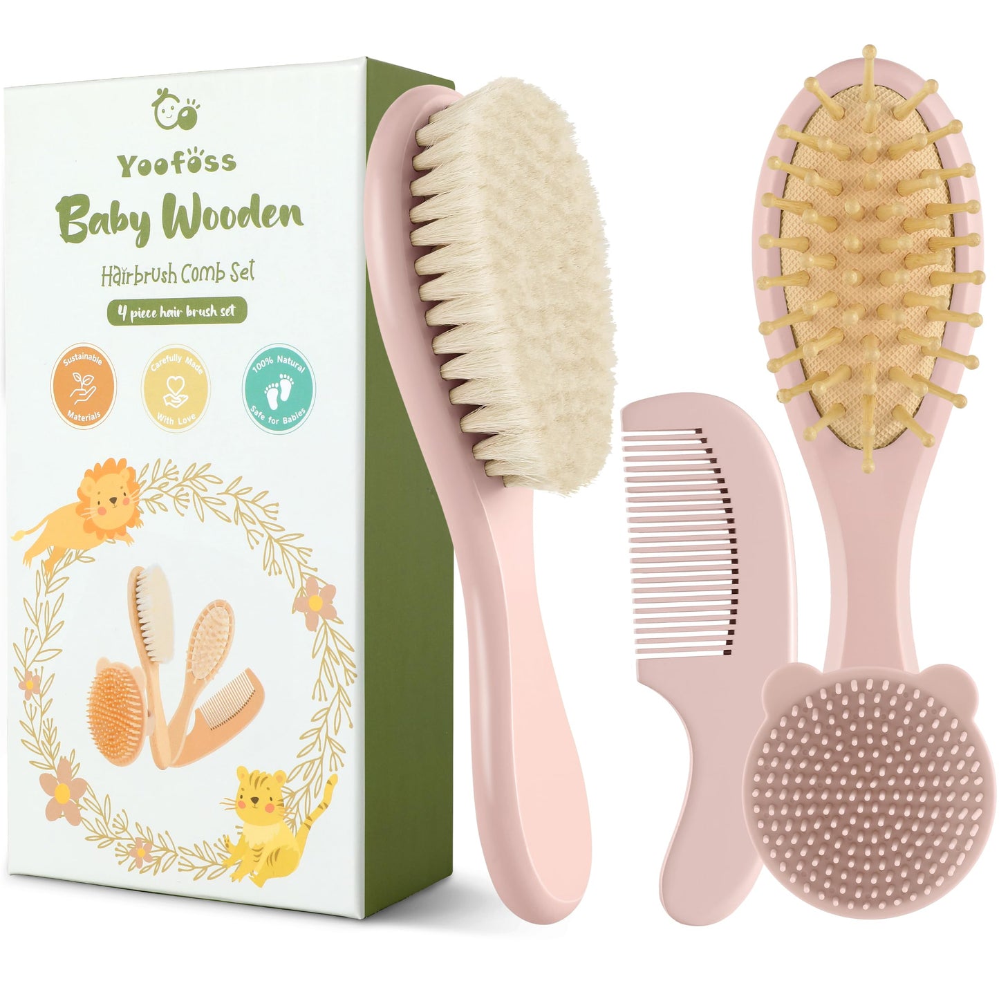 Yoofoss 4 Piece Baby Brush and Comb Set, Wooden Baby Brush with Natural Ultra Soft Goat Hair, Baby Hair Brush for Newborn, Baby Brush Set for Boy Girl